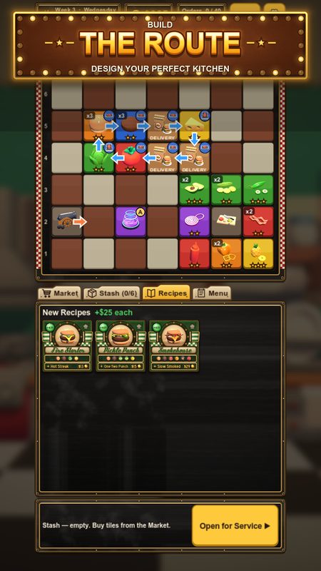 A morning kitchen board where bun, beef, cheese, and delivery tiles are linked by conveyor arrows