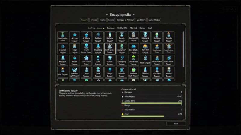 The encyclopedia's tower list with stats for the Earthquake Tower