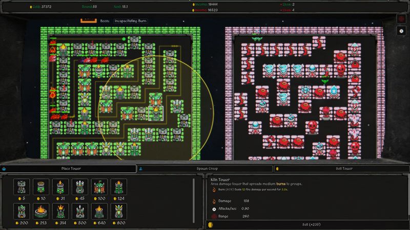 A 1v1 match with both players' mazes side by side